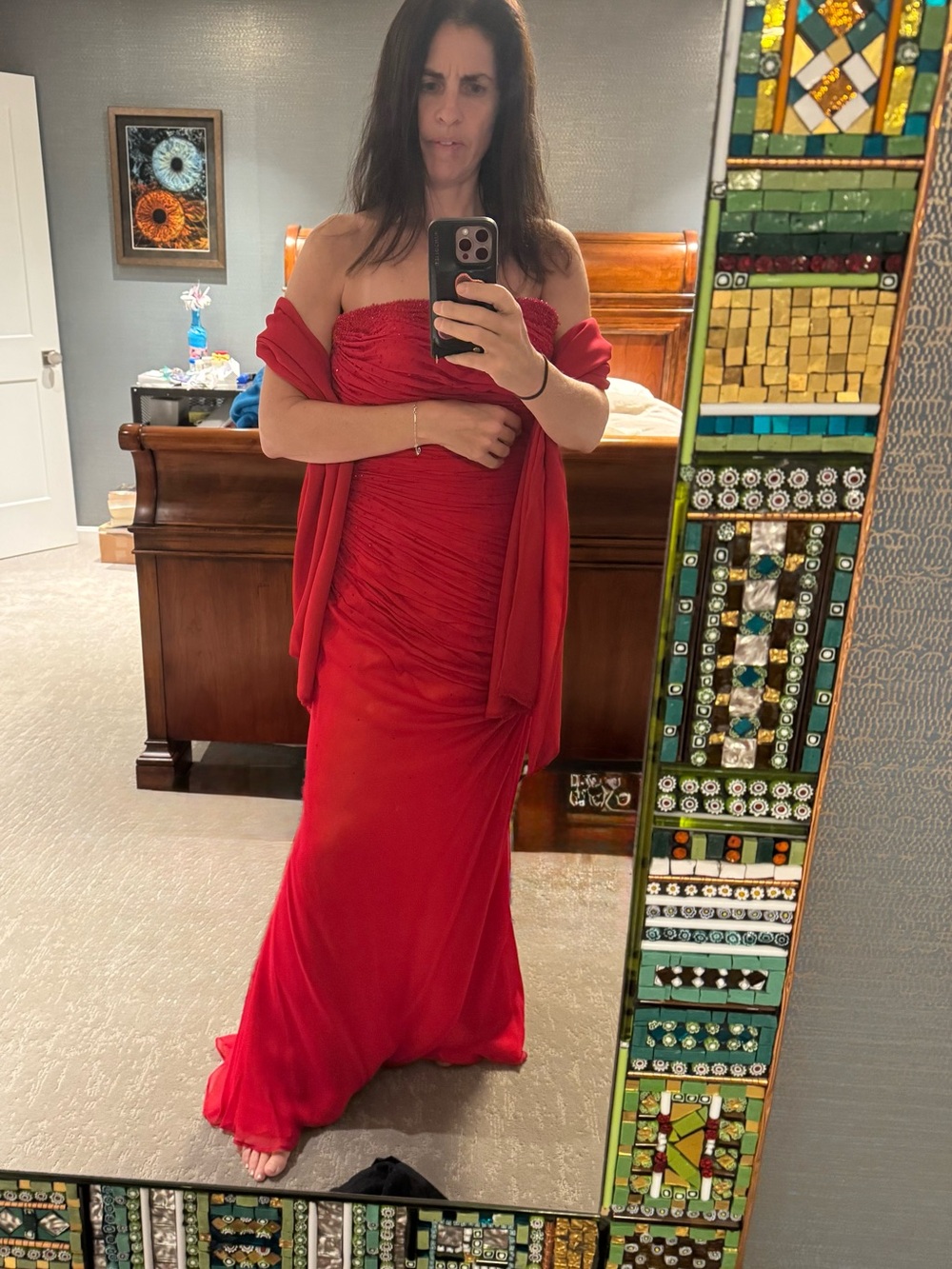 Vintage Stephen Yearick Strapless Red Ruched Evening Gown